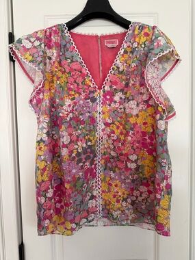 kate spade Pink Multi Floral Lace-Trim Flutter Sleeve Blouse XL